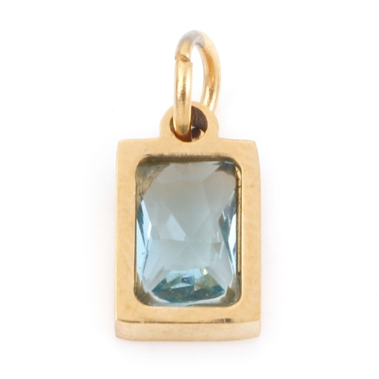 Изображение 1 ШТ Экологичное вакуумное PVD-покрытие 304 Нержавеющая Сталь Подвески Позолоченный Прямоугольник Светло-синий Искусственный Циркон 13мм x 6мм