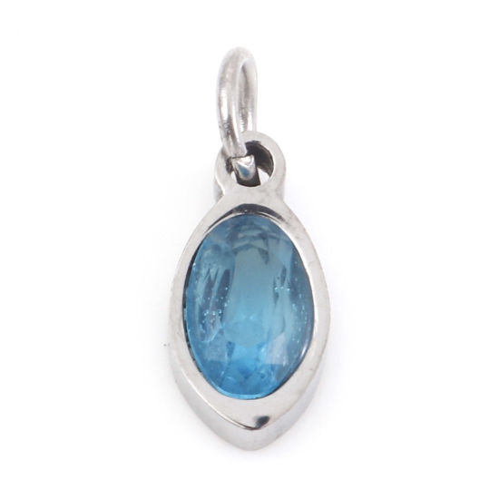 Изображение 304 Нержавеющая Сталь Подвески овальный Серебряный Тон Голубой Искусственный Циркон 13.5мм x 5мм, 1 ШТ