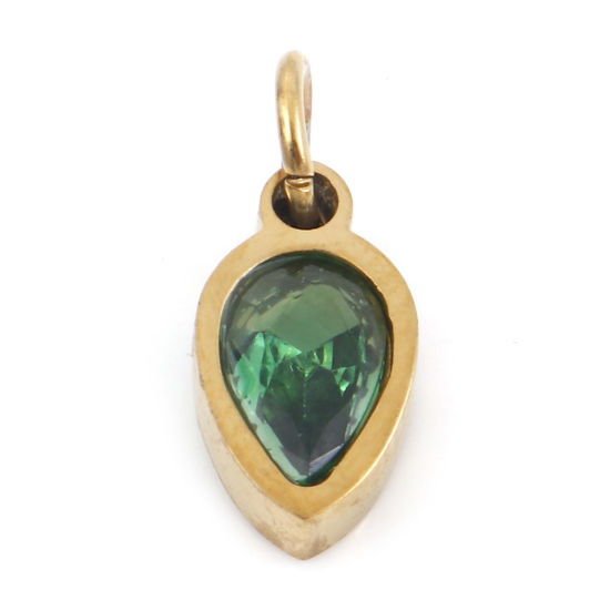 Изображение 1 ШТ вакуумное покрытие 304 Нержавеющая Сталь Подвески водяная капля Позолоченный Изумруд Искусственный Циркон 13мм x 5.5мм