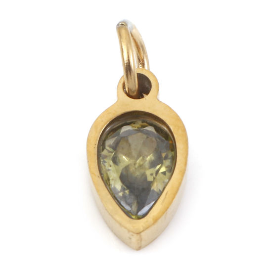 Изображение 1 ШТ вакуумное покрытие 304 Нержавеющая Сталь Подвески водяная капля Позолоченный Оливково-зеленый Искусственный Циркон 13мм x 5.5мм