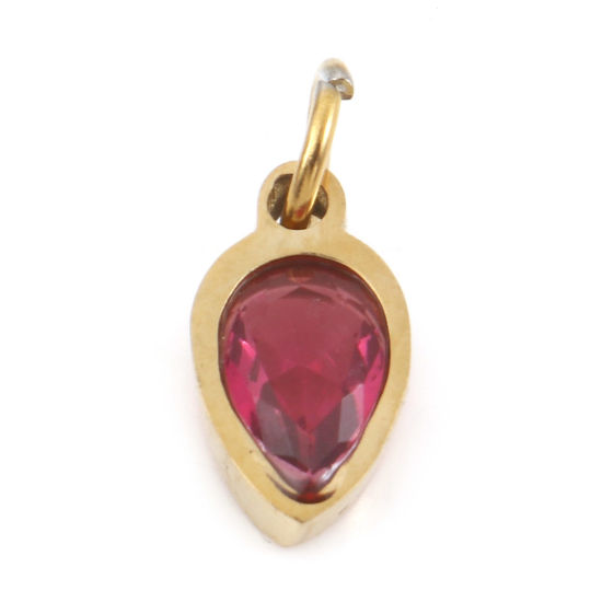 Изображение 1 ШТ вакуумное покрытие 304 Нержавеющая Сталь Подвески водяная капля Позолоченный Фуксия Искусственный Циркон 13мм x 5.5мм