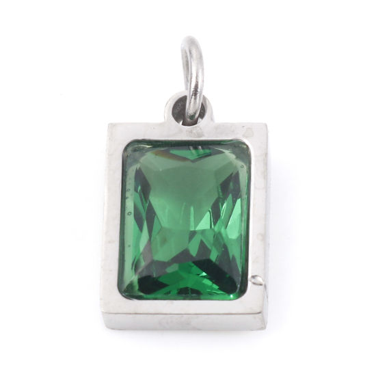 Изображение 304 Нержавеющая Сталь Подвески Прямоугольник Серебряный Тон Изумруд Искусственный Циркон 15мм x 8мм, 1 ШТ