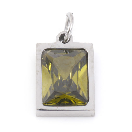 Изображение 304 Нержавеющая Сталь Подвески Прямоугольник Серебряный Тон Изумруд Искусственный Циркон 15мм x 8мм, 1 ШТ