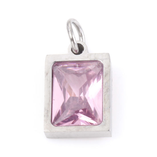Изображение 304 Нержавеющая Сталь Подвески Прямоугольник Серебряный Тон Светло-розовый Искусственный Циркон 15мм x 8мм, 1 ШТ