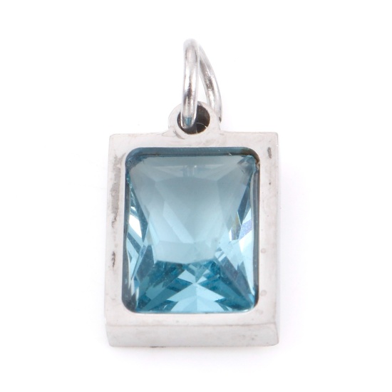 Изображение 304 Нержавеющая Сталь Подвески Прямоугольник Серебряный Тон Светло-синий Искусственный Циркон 15мм x 8мм, 1 ШТ