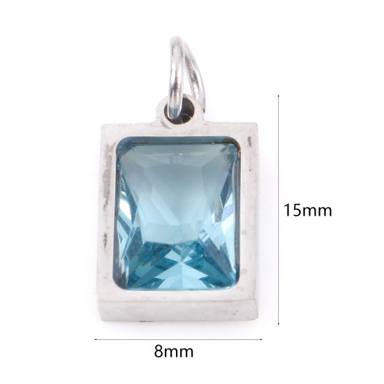 Изображение 304 Нержавеющая Сталь Подвески Прямоугольник Серебряный Тон Светло-синий Искусственный Циркон 15мм x 8мм, 1 ШТ