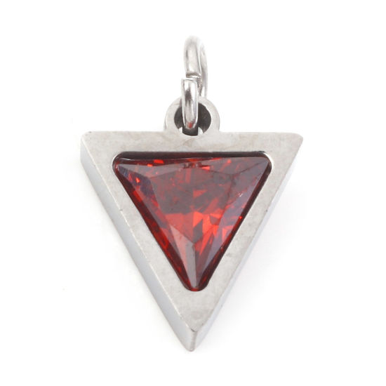 Изображение 304 Нержавеющая Сталь Подвески Треугольник Серебряный Тон Красно- коричневый Искусственный Циркон 14мм x 10мм, 1 ШТ