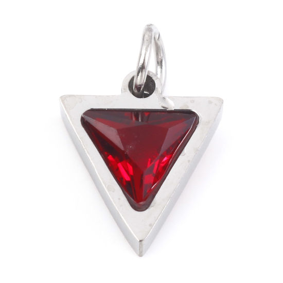 Изображение 304 Нержавеющая Сталь Подвески Треугольник Серебряный Тон Красный Искусственный Циркон 14мм x 10мм, 1 ШТ