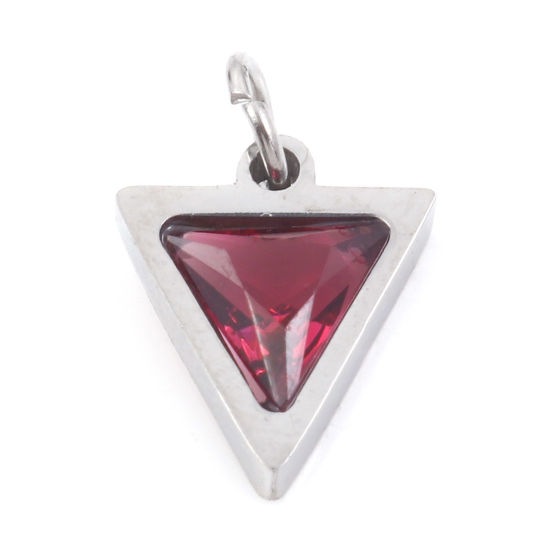 Изображение 304 Нержавеющая Сталь Подвески Треугольник Серебряный Тон Фуксия Искусственный Циркон 14мм x 10мм, 1 ШТ