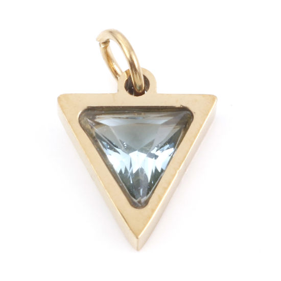 Изображение 1 ШТ Экологичное вакуумное PVD-покрытие 304 Нержавеющая Сталь Подвески Позолоченный Треугольник Светло-синий Искусственный Циркон 14мм x 10мм