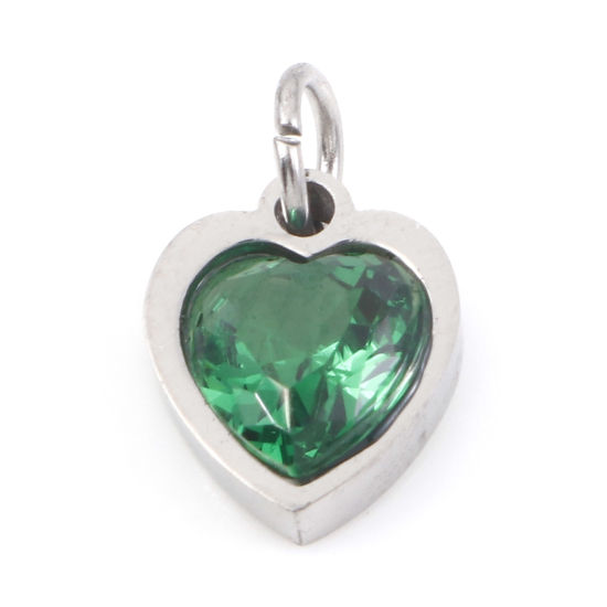 Picture of 304 Stainless Steel Valentine's Day Charms Silver Tone Heart Emerald Cubic Zirconia 13mm x 8mm, 1 Piece
