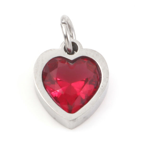Picture of 304 Stainless Steel Valentine's Day Charms Silver Tone Heart Fuchsia Cubic Zirconia 13mm x 8mm, 1 Piece