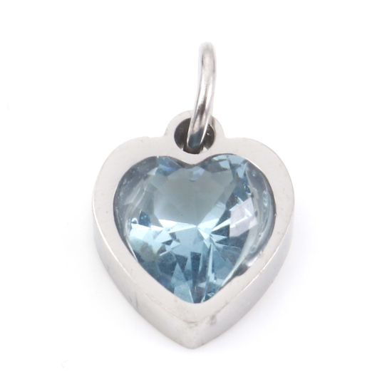 Picture of 304 Stainless Steel Valentine's Day Charms Silver Tone Heart Light Blue Cubic Zirconia 13mm x 8mm, 1 Piece