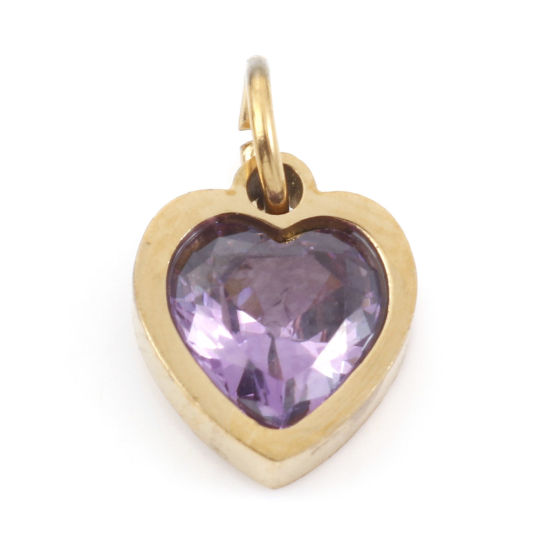 Изображение 1 ШТ Экологичное вакуумное PVD-покрытие 304 Нержавеющая Сталь День святого Валентина Подвески Позолоченный Сердце Фиолетовый Искусственный Циркон 13мм x 8мм