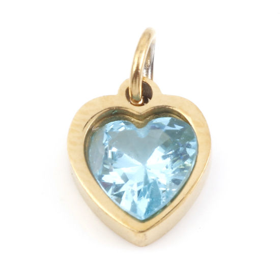 Изображение 1 ШТ Экологичное вакуумное PVD-покрытие 304 Нержавеющая Сталь День святого Валентина Подвески Позолоченный Сердце Вода-Синий Искусственный Циркон 13мм x 8мм