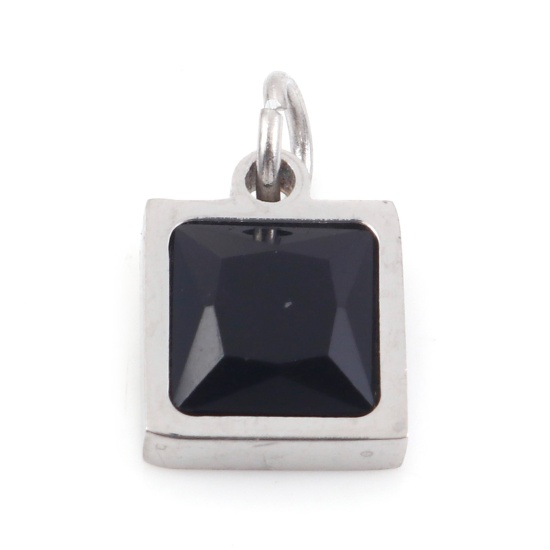 Изображение 304 Нержавеющая Сталь Подвески Квадратные Серебряный Тон Черный Искусственный Циркон 13мм x 8мм, 1 ШТ