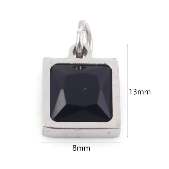 Изображение 304 Нержавеющая Сталь Подвески Квадратные Серебряный Тон Черный Искусственный Циркон 13мм x 8мм, 1 ШТ