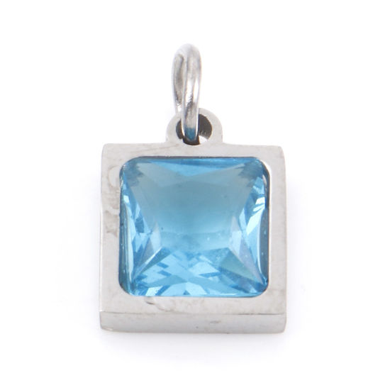 Изображение 304 Нержавеющая Сталь Подвески Квадратные Серебряный Тон Голубой Искусственный Циркон 13мм x 8мм, 1 ШТ