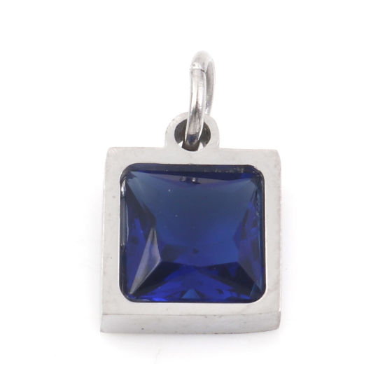 Изображение 304 Нержавеющая Сталь Подвески Квадратные Серебряный Тон Темно-синий Искусственный Циркон 13мм x 8мм, 1 ШТ