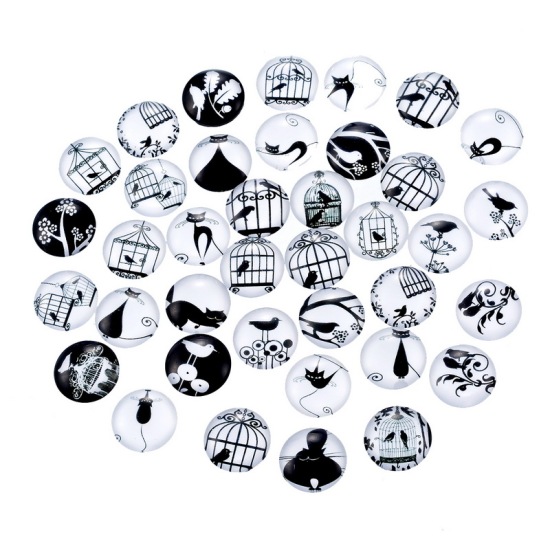 Picture of Glass Dome Seals Cabochon Round Flatback Black & White At Random Mixed Birdcage & Cat Pattern 12mm( 4/8") Dia, 10 PCs