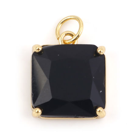 Image de Breloques en Laiton+Verre Carré Plaqué Or Véritable 18K Noir 18mm x 12mm, 1 Pièce