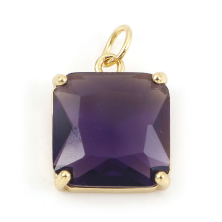 Image de Breloques en Laiton+Verre Carré Plaqué Or Véritable 18K Violet 18mm x 12mm, 1 Pièce