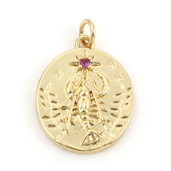 Bild von Messing Ozean Schmuck Charms 18K Echtgold plattiert Oval Garnele Micro Pave Fuchsie Zirkonia 21mm x 14mm, 1 Stück