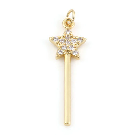 Picture of Brass Galaxy Charms 18K Real Gold Plated Magic Star Wand Pentagram Star Micro Pave Clear Cubic Zirconia 29mm x 8.5mm, 1 Piece