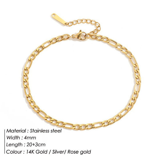 Picture of 304 Stainless Steel Simple 3:1 Figaro Link Chain Anklet 14K Real Gold Plated 20cm(7 7/8") long, 1 Piece