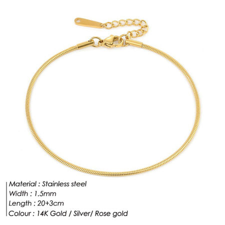Image de Chaînes de Cheville Simple en 304 Acier Inoxydable Chaîne Maille Serpent Plaqué Or Réel 14K 20cm long, 1 Pièce