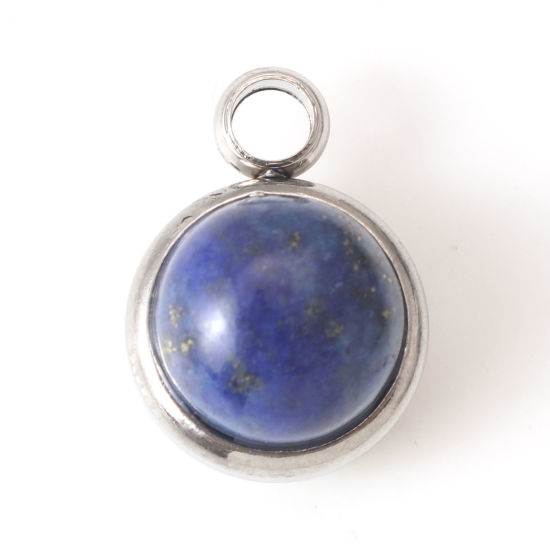 Bild von Charms aus 304 Edelstahl und Lapislazuli, silberfarben, dunkelblau, rund, 14 mm x 10 mm, 1 Stück