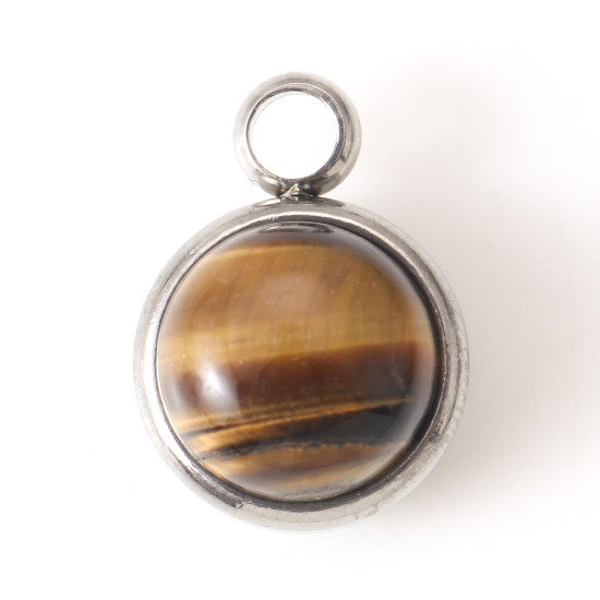 Bild von 304 Edelstahl & Tigeraugen-Charms, silberfarben, braun, rund, 14 mm x 10 mm, 1 Stück