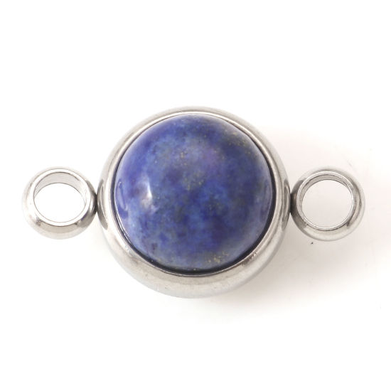 Picture of 304 Stainless Steel & Lapis Lazuli Connectors Silver Tone Dark Blue Round 18mm x 10mm, 1 Piece