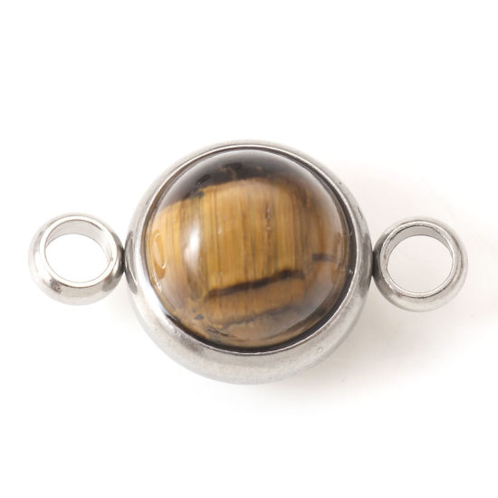 Picture of 304 Stainless Steel & Tiger's Eyes Connectors Silver Tone Brown Round 18mm x 10mm, 1 Piece