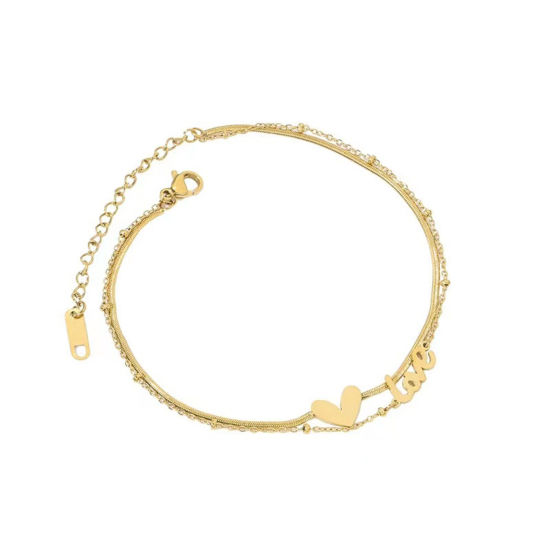 Picture of 304 Stainless Steel Stylish Snake Chain Multilayer Layered Anklet Gold Plated Heart Message " LOVE " 25cm(9 7/8") long, 1 Piece