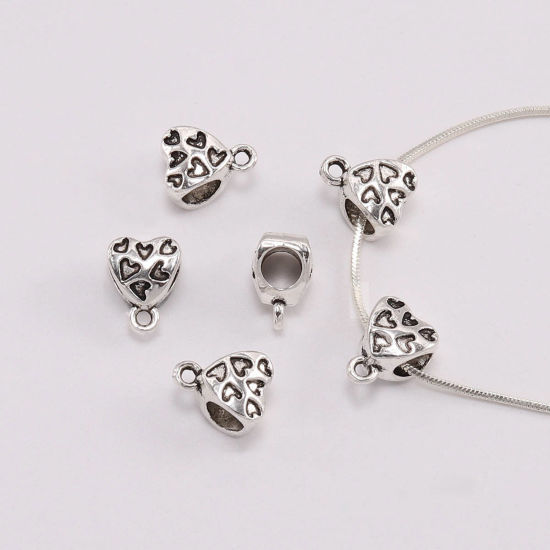 Zinc Based Alloy Bail Beads Heart Antique Silver Color Carved Pattern 12mm x 9mm, 20 PCs の画像