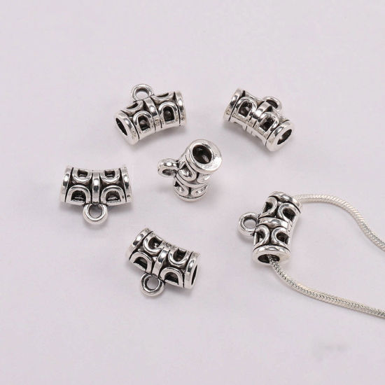Zinc Based Alloy Bail Beads Half Moon Antique Silver Color Carved Pattern 20 PCs の画像