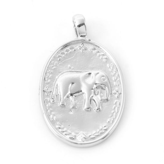 Picture of Brass Charms Oval Real Platinum Plated Elephant 23mm x 13.5mm, 2 PCs