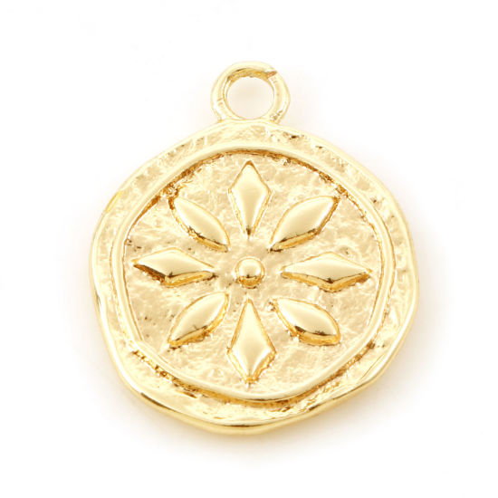 Изображение Латунь Подвески Круглые настоящее золото с покрытием Цветок 17мм x 14мм, 2 ШТ