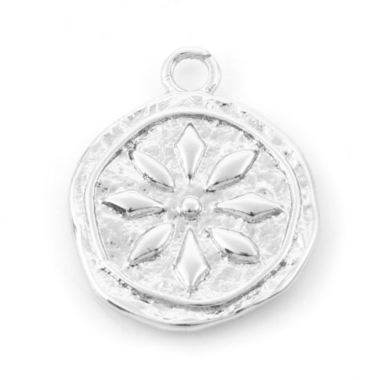 Изображение Латунь Подвески Круглые Настоящее платиновое покрытие Цветок 17мм x 14мм, 2 ШТ