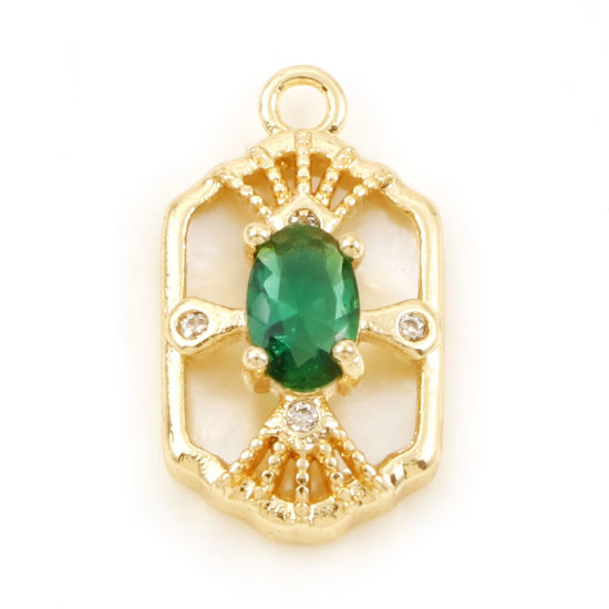 Picture of Natural Shell & Brass Charms Real Gold Plated Hexagon Micro Pave Green Cubic Zirconia 17.5mm x 10mm, 1 Piece