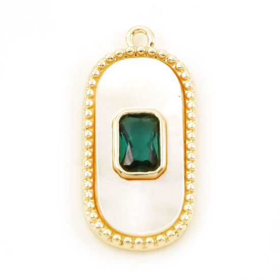 Picture of Natural Shell & Brass Charms Real Gold Plated Oval Micro Pave Green Cubic Zirconia 23mm x 11mm, 1 Piece