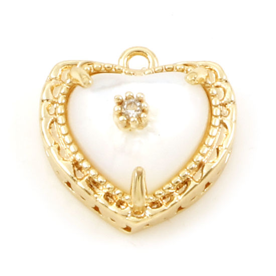 Picture of Natural Shell & Brass Valentine's Day Charms Real Gold Plated Heart Micro Pave Clear Cubic Zirconia 11mm x 11mm, 1 Piece