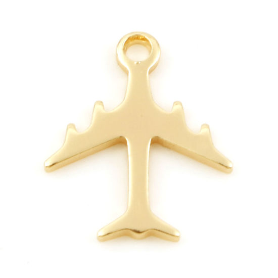 Picture of Brass Travel Charms Airplane Real Gold Plated 12mm x 10mm, 5 PCs