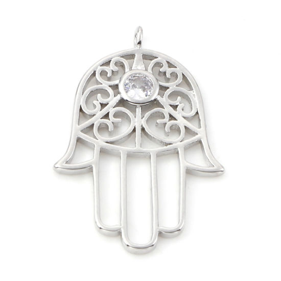Image de Breloques Religieux en Laiton Khamsa Symbole Paume Plaqué Platine Véritable Micro Pave à Zircone Cubique Clair 25.5mm x 17mm, 2 Pcs