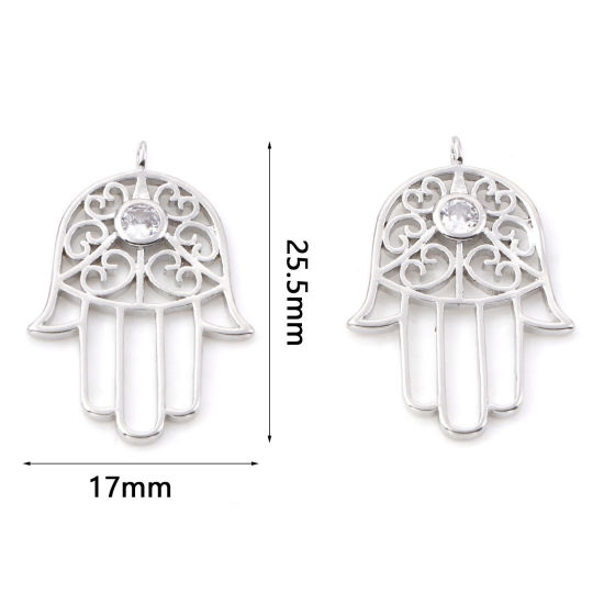 Image de Breloques Religieux en Laiton Khamsa Symbole Paume Plaqué Platine Véritable Micro Pave à Zircone Cubique Clair 25.5mm x 17mm, 2 Pcs