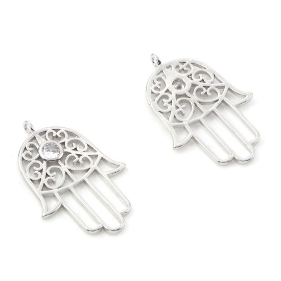 Image de Breloques Religieux en Laiton Khamsa Symbole Paume Plaqué Platine Véritable Micro Pave à Zircone Cubique Clair 25.5mm x 17mm, 2 Pcs