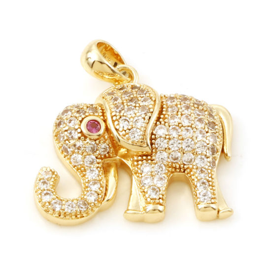 Bild von 1 Stück Messing Charm-Anhänger Echtgold plattiert Elefant Micro Pave Klar Zirkonia 22mm x 19.5mm