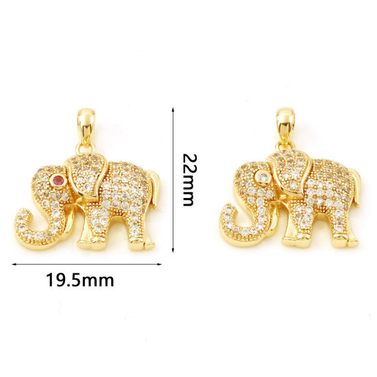 Bild von 1 Stück Messing Charm-Anhänger Echtgold plattiert Elefant Micro Pave Klar Zirkonia 22mm x 19.5mm