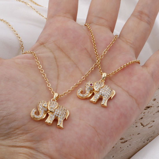 Bild von 1 Stück Messing Charm-Anhänger Echtgold plattiert Elefant Micro Pave Klar Zirkonia 22mm x 19.5mm